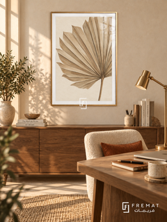 Fan Palm. A close-up beige fan palm spreads its fine diagonal veins across warm ivory. Shown in a Gold PVC frame in a styled room.