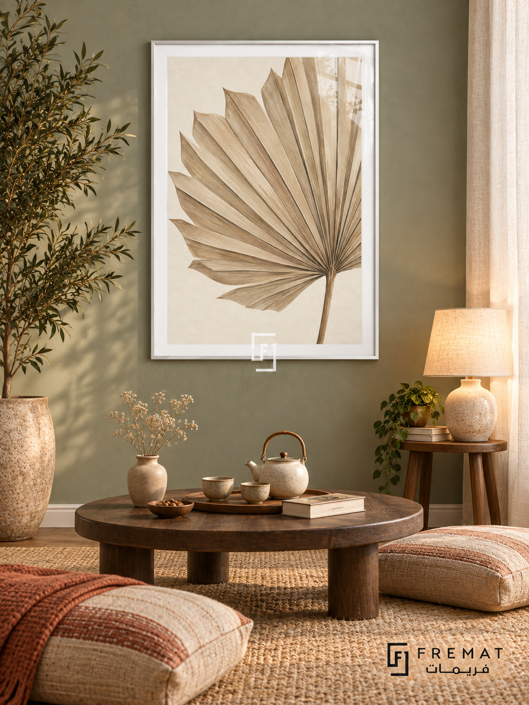 Fan Palm. A close-up beige fan palm spreads its fine diagonal veins across warm ivory. Shown in a White PVC frame in a styled room.