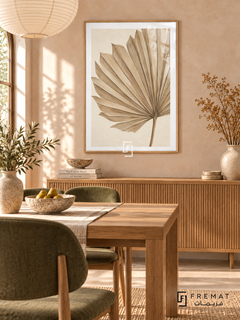 Fan Palm. A close-up beige fan palm spreads its fine diagonal veins across warm ivory. Shown in a Wooden Texture PVC frame in a styled room.