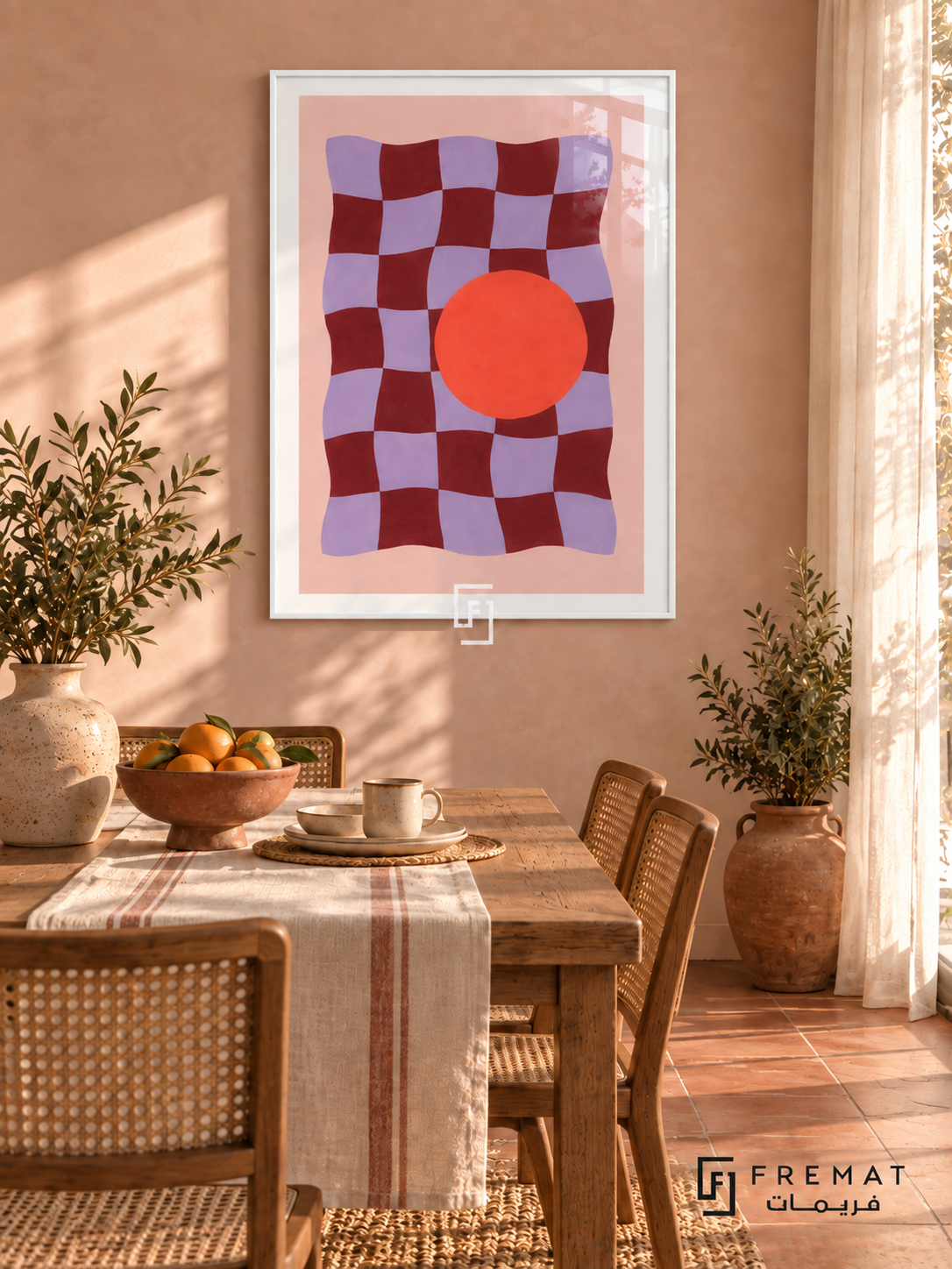 Playful Checker. A wavy burgundy and lavender checkerboard meets a bold coral-orange circle on pink. Shown in a White PVC frame in a styled room.
