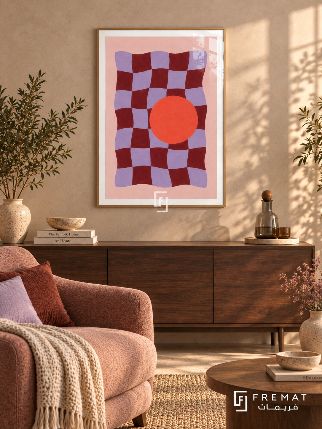 Playful Checker. A wavy burgundy and lavender checkerboard meets a bold coral-orange circle on pink. Shown in a Wooden Texture PVC frame in a styled room.