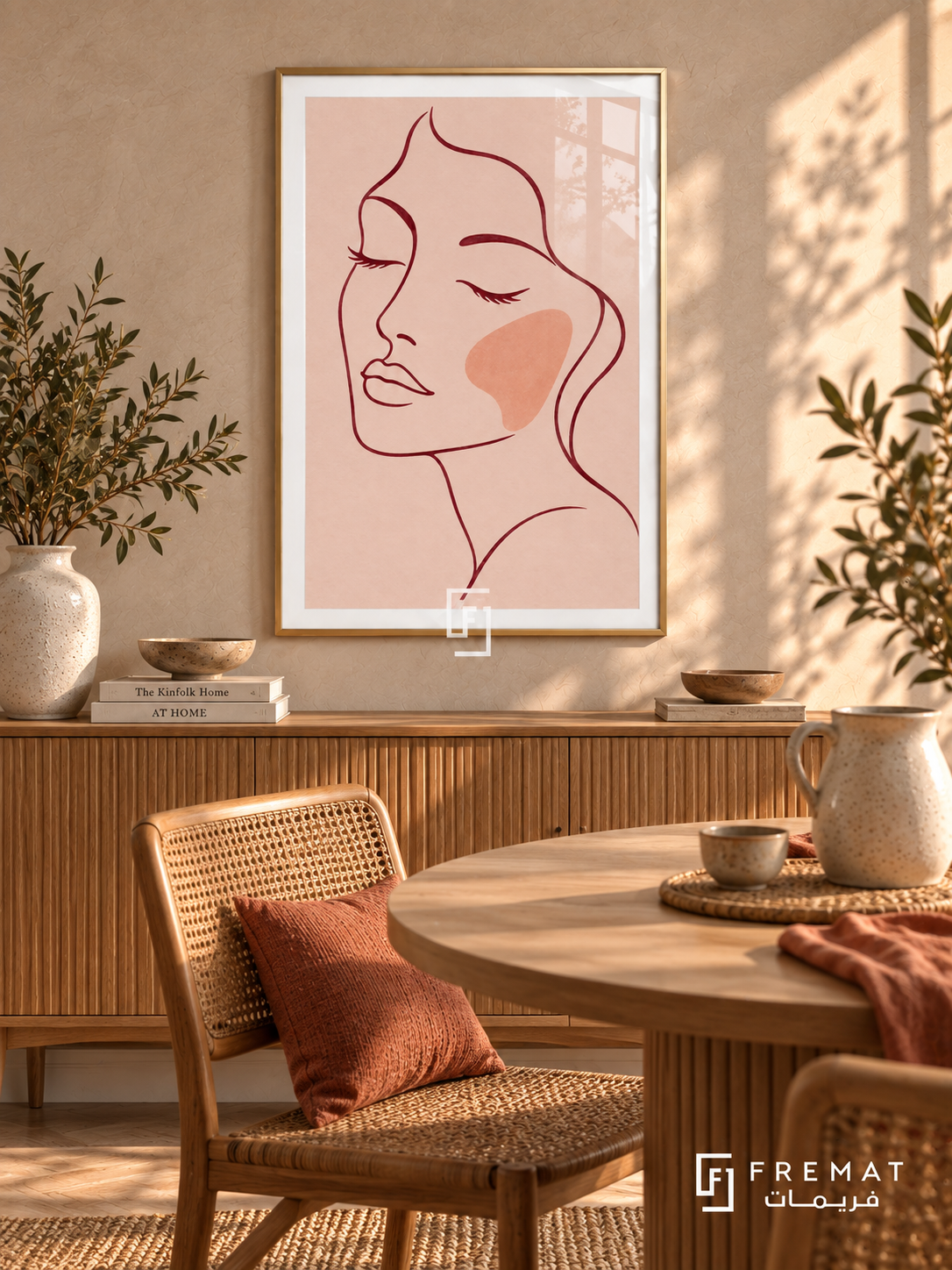 Blush Portrait. A burgundy line drawing of a face with closed eyes and a peach cheek rests on blush pink. Shown in a Gold PVC frame in a styled room.