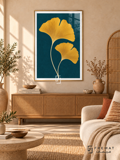 Golden Ginkgo. Two golden-yellow ginkgo leaves with fine veins rise against a deep teal background. Shown in a Gold PVC frame in a styled room.