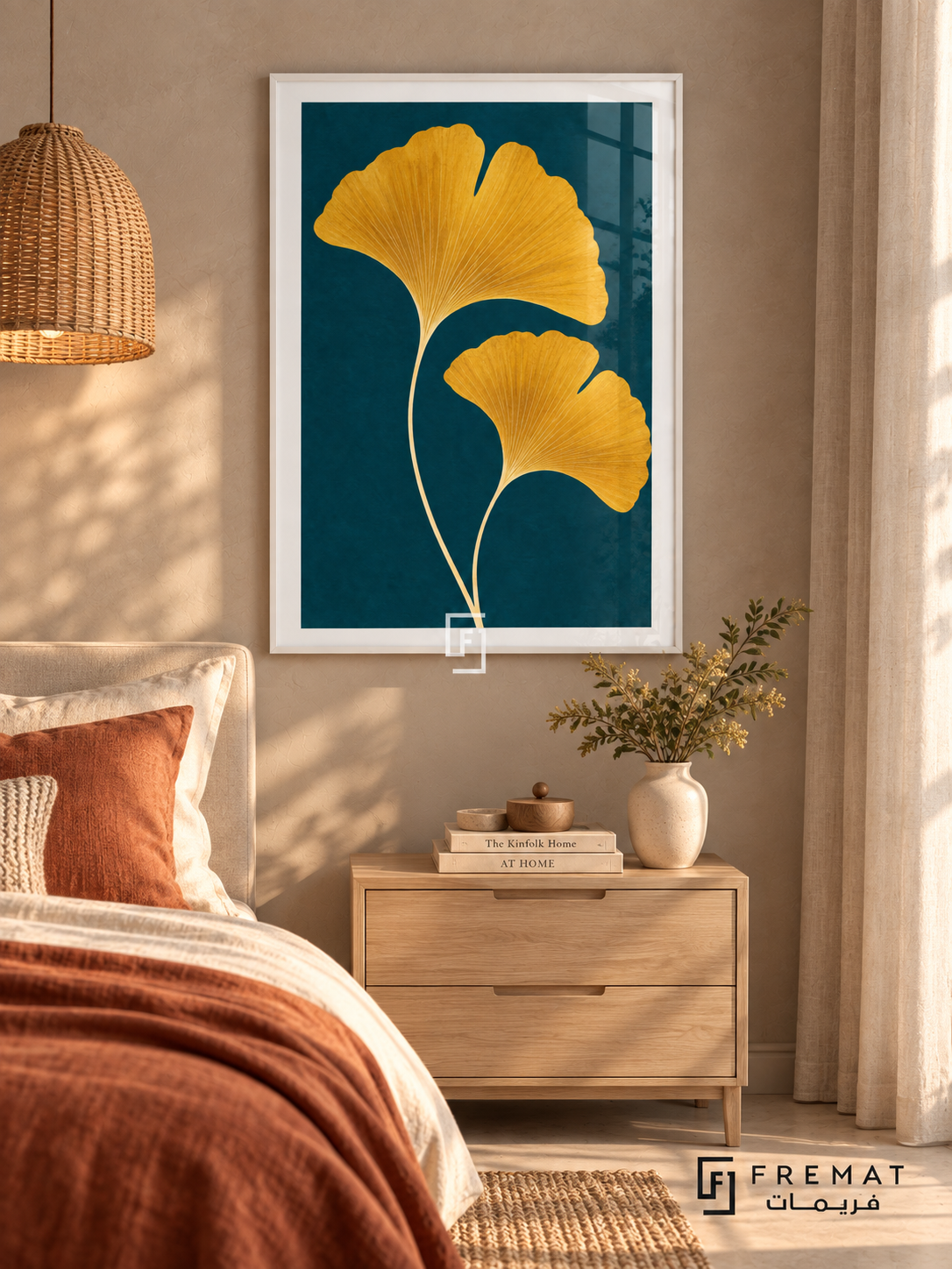 Golden Ginkgo. Two golden-yellow ginkgo leaves with fine veins rise against a deep teal background. Shown in a White PVC frame in a styled room.