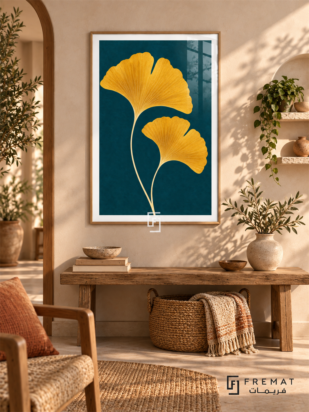 Golden Ginkgo. Two golden-yellow ginkgo leaves with fine veins rise against a deep teal background. Shown in a Wooden Texture PVC frame in a styled room.