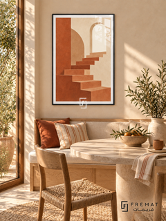 Quiet Stair. Terracotta stairs ascend through soft beige arches toward a pale opening. Shown in a Black PVC frame in a styled room.