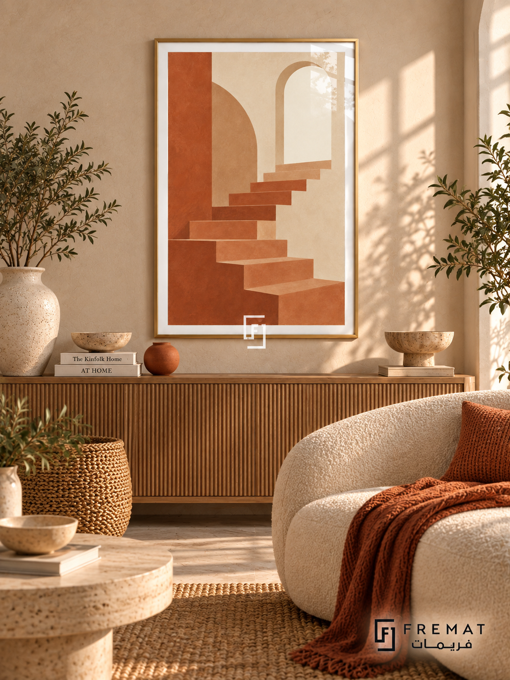 Quiet Stair. Terracotta stairs ascend through soft beige arches toward a pale opening. Shown in a Gold PVC frame in a styled room.