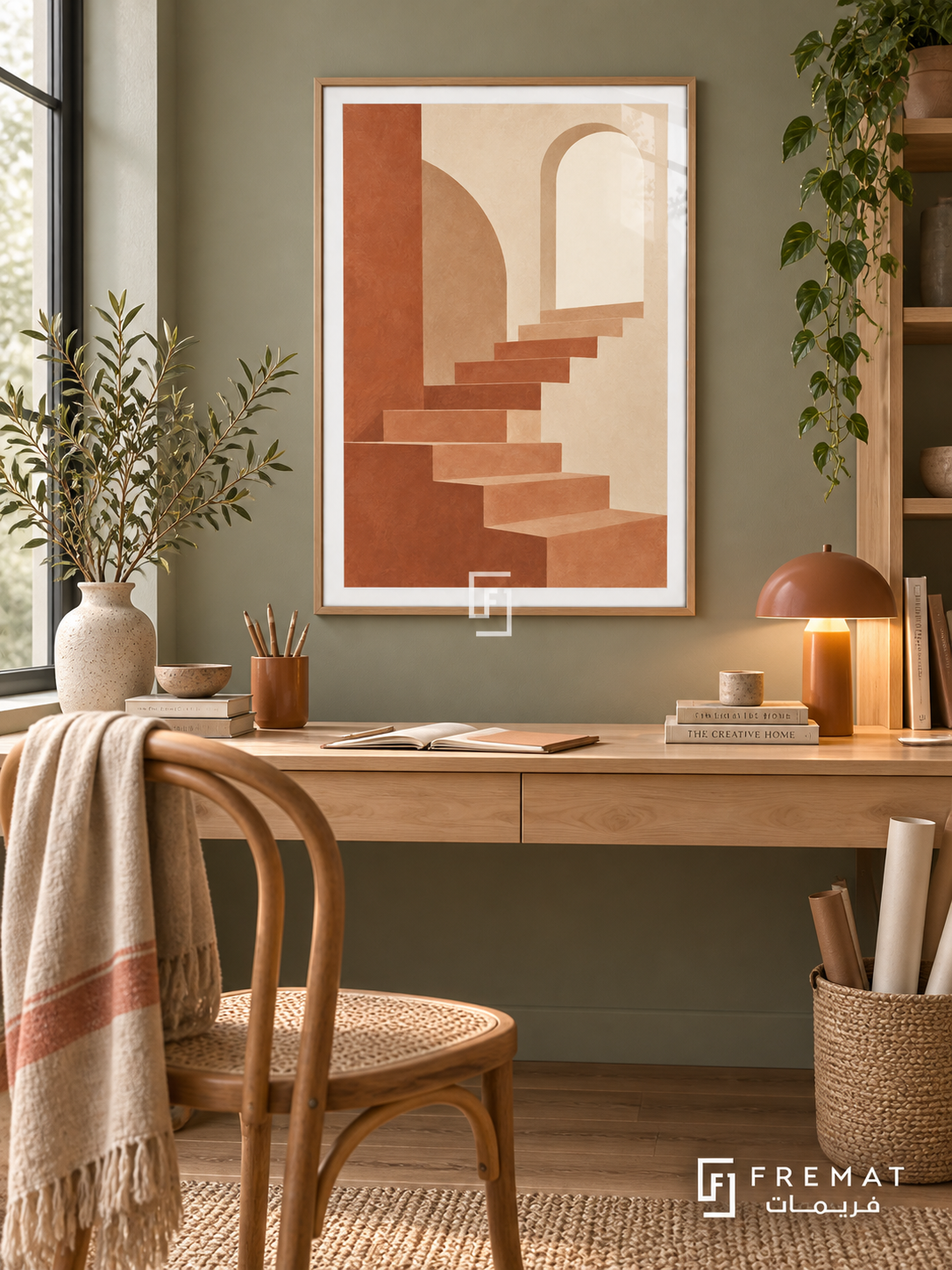 Quiet Stair. Terracotta stairs ascend through soft beige arches toward a pale opening. Shown in a Wooden Texture PVC frame in a styled room.