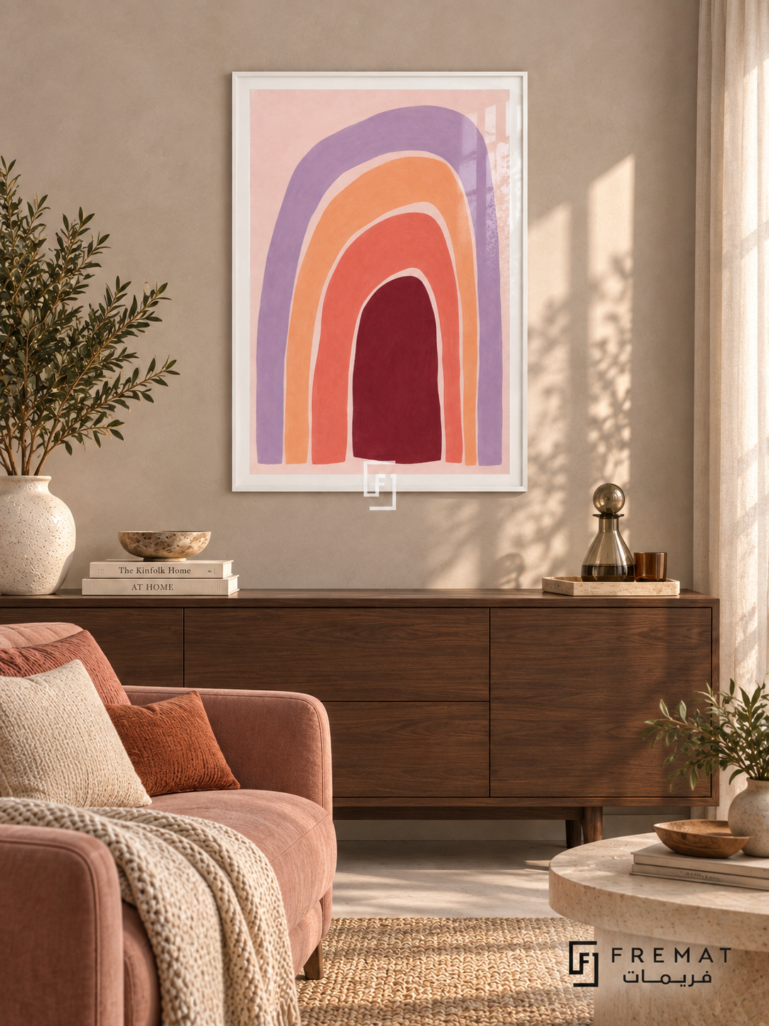 Pastel Rhythm. Uneven nested arches in lavender, peach, coral and burgundy create a warm rainbow-like rhythm on pink. Shown in a White PVC frame in a styled room.