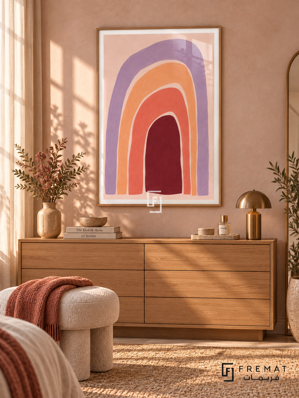 Pastel Rhythm. Uneven nested arches in lavender, peach, coral and burgundy create a warm rainbow-like rhythm on pink. Shown in a Wooden Texture PVC frame in a styled room.