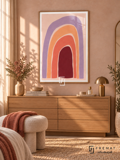Pastel Rhythm. Uneven nested arches in lavender, peach, coral and burgundy create a warm rainbow-like rhythm on pink. Shown in a Wooden Texture PVC frame in a styled room.