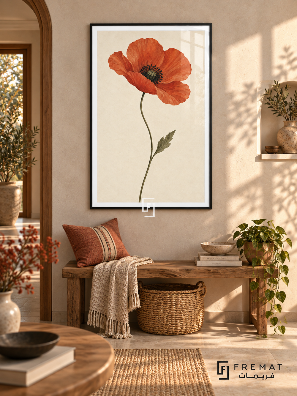 Single Poppy. A single terracotta-red poppy blooms above a slender olive-green stem and leaf on ivory. Shown in a Black PVC frame in a styled room.