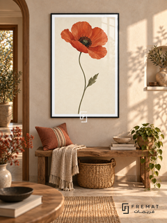 Single Poppy. A single terracotta-red poppy blooms above a slender olive-green stem and leaf on ivory. Shown in a Black PVC frame in a styled room.