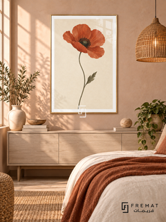Single Poppy. A single terracotta-red poppy blooms above a slender olive-green stem and leaf on ivory. Shown in a Gold PVC frame in a styled room.