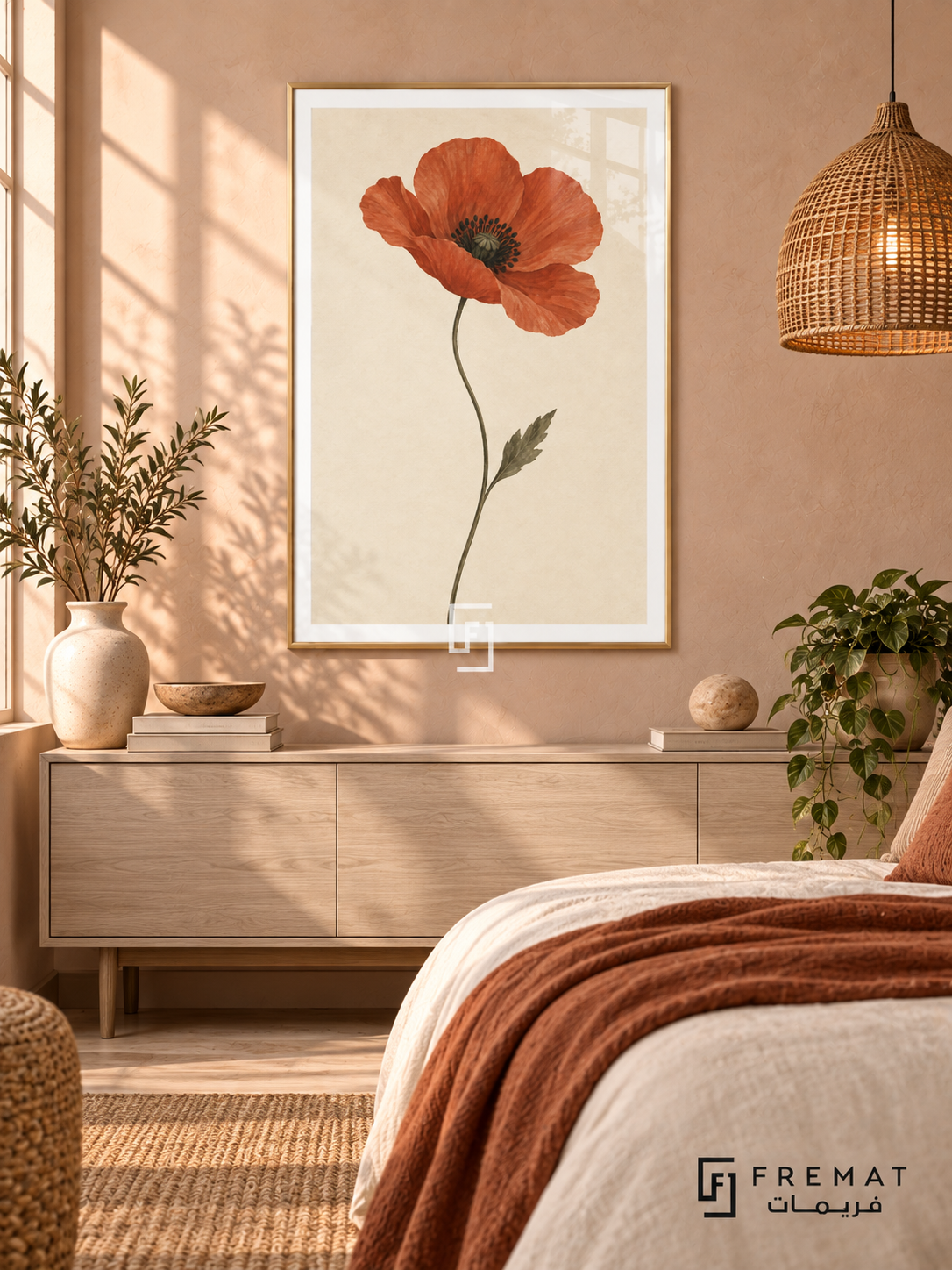 Single Poppy. A single terracotta-red poppy blooms above a slender olive-green stem and leaf on ivory. Shown in a Gold PVC frame in a styled room.