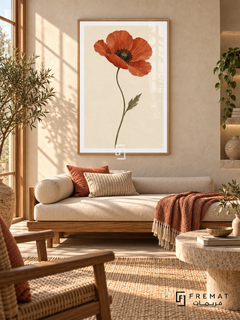 Single Poppy. A single terracotta-red poppy blooms above a slender olive-green stem and leaf on ivory. Shown in a Wooden Texture PVC frame in a styled room.