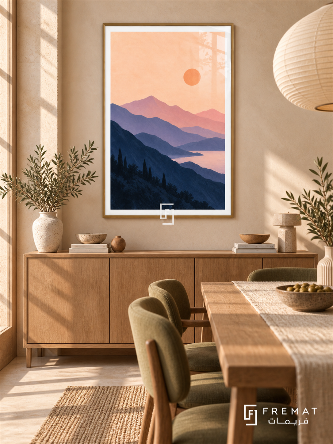 Lavender Mountains. Layered navy and lavender mountains surround pink water beneath a peach sky and orange sun. Shown in a Gold PVC frame in a styled room.