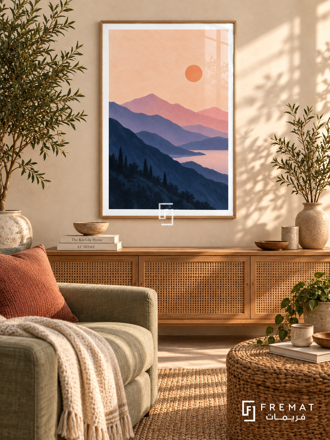 Lavender Mountains. Layered navy and lavender mountains surround pink water beneath a peach sky and orange sun. Shown in a Wooden Texture PVC frame in a styled room.