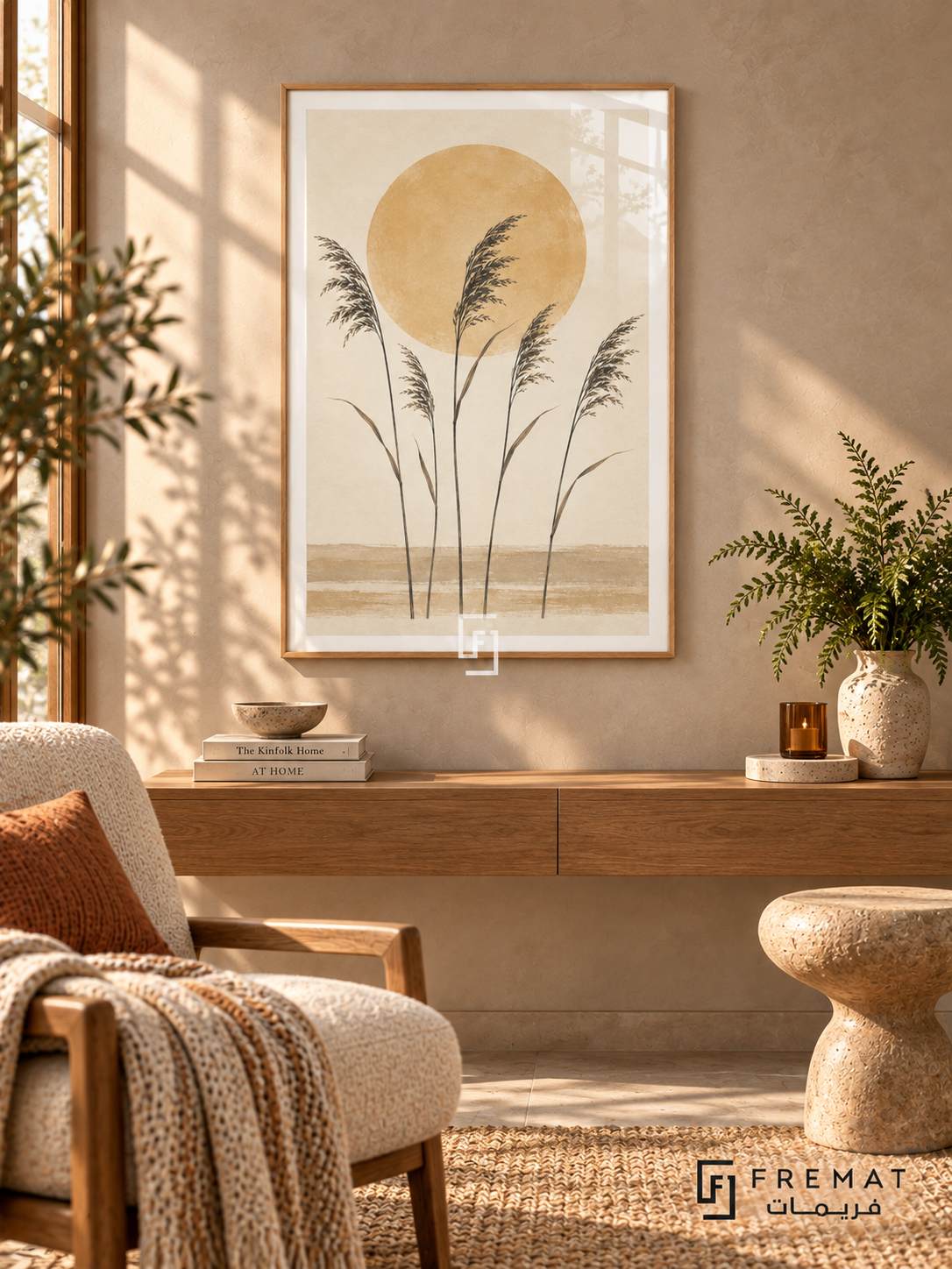 Sun and Reeds. Five delicate dark reed stems stand before an ochre sun above sandy horizontal bands. Shown in a Wooden Texture PVC frame in a styled room.