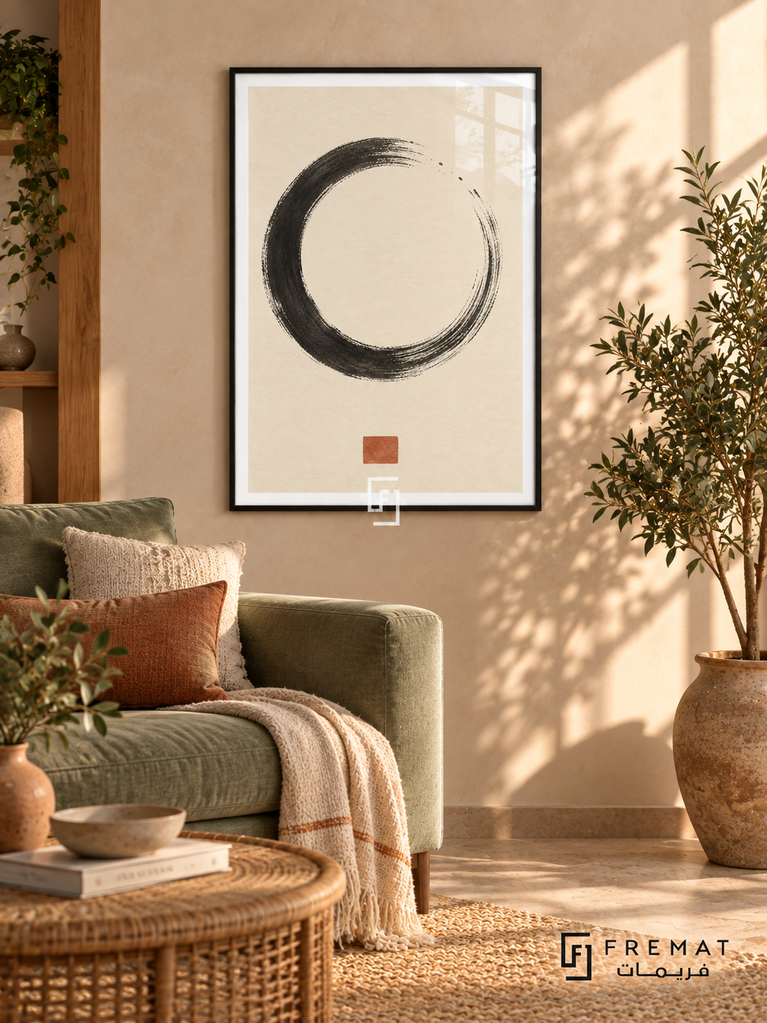 Ink Stillness. A charcoal dry-brush circle and small terracotta square create a spare composition on warm ivory. Shown in a Black PVC frame in a styled room.