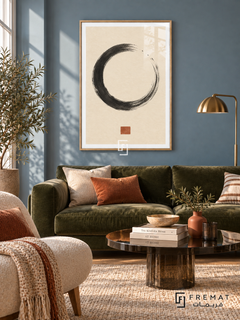 Ink Stillness. A charcoal dry-brush circle and small terracotta square create a spare composition on warm ivory. Shown in a Wooden Texture PVC frame in a styled room.