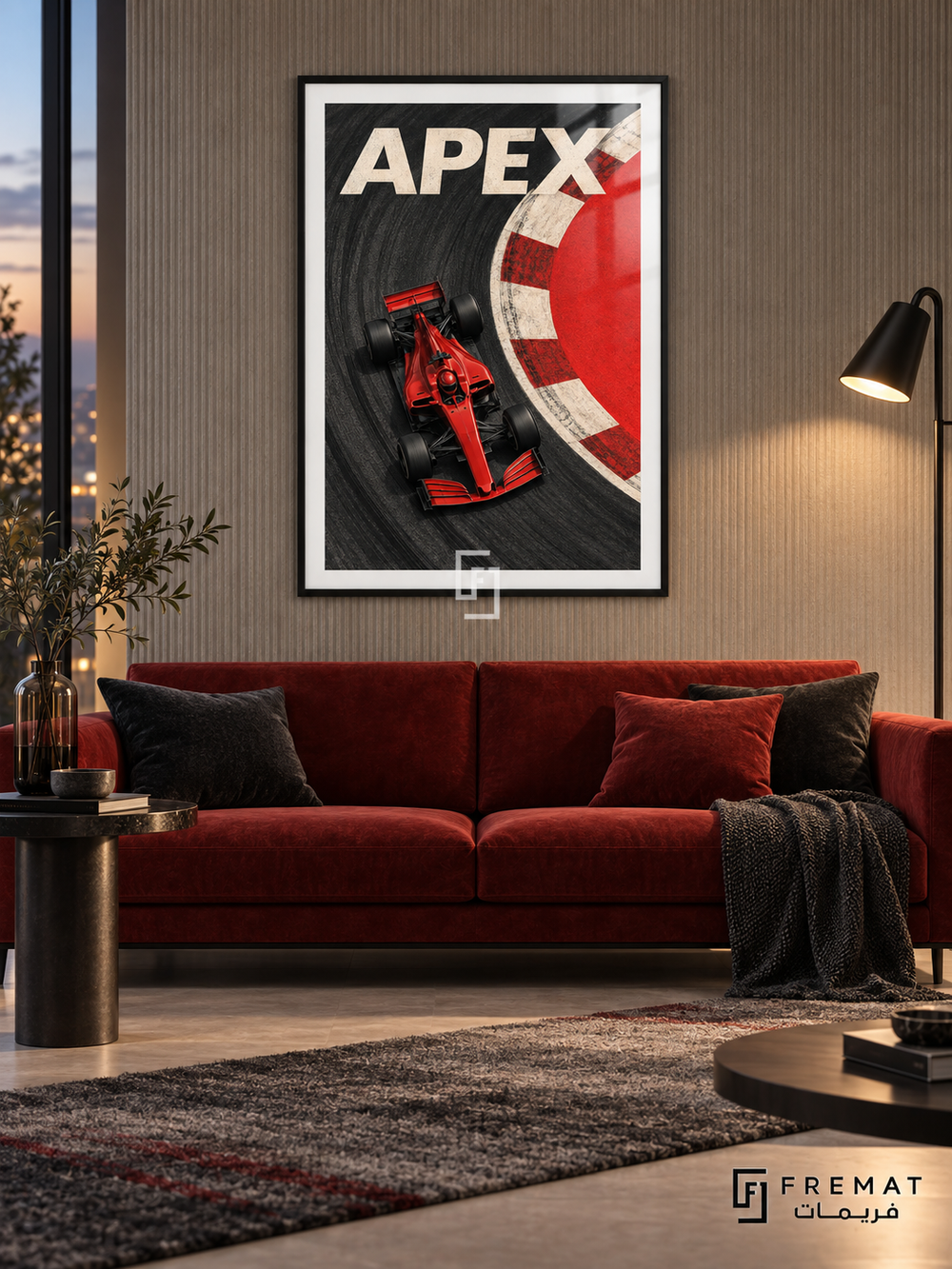Apex car artwork in a black frame, with a scarlet racing car on charcoal asphalt and a white printed border.