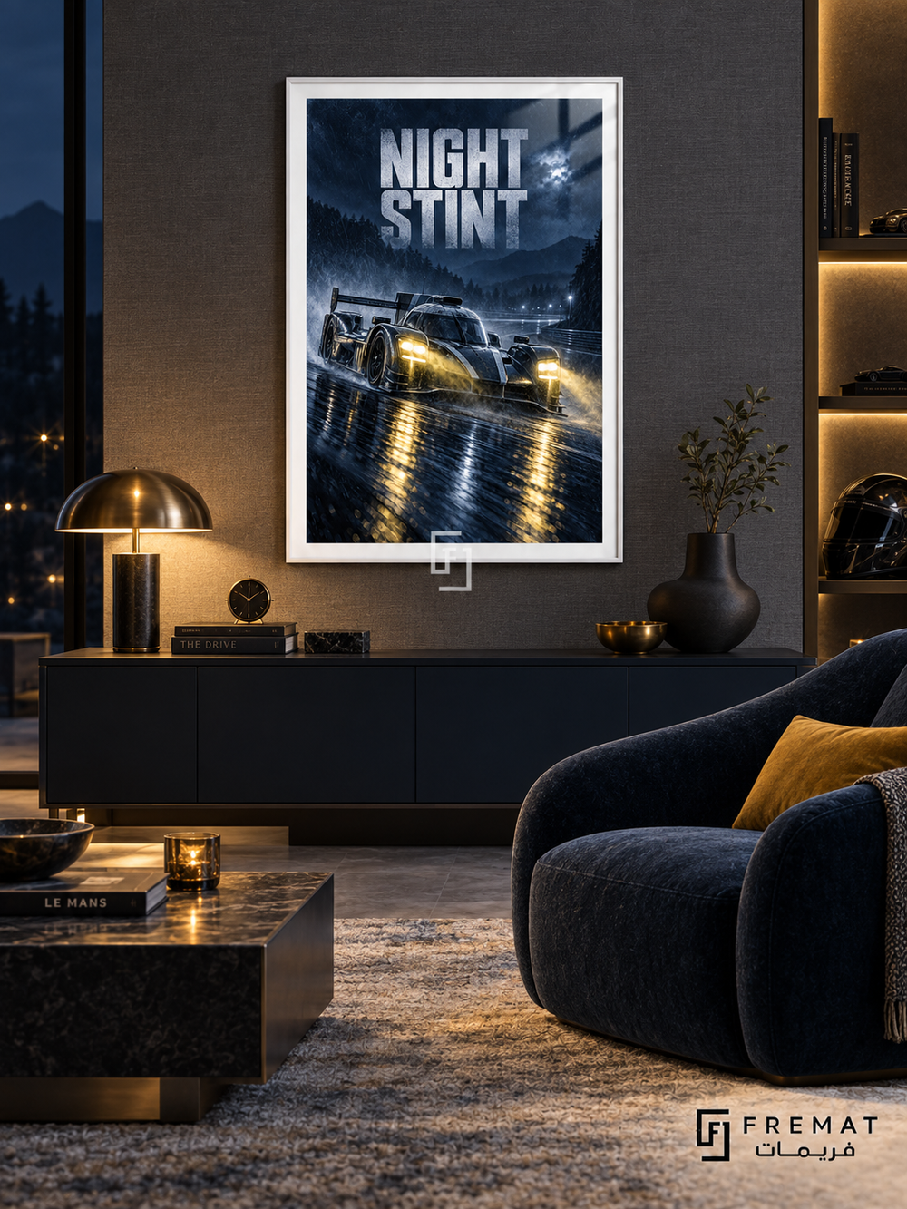 Night Stint (car02), White frame with white printed border in a styled interior. A dark endurance racing car with glowing yellow headlights speeds along a rain-soaked track beneath a cloudy blue night sky. Tall pale lettering reads NIGHT STINT.