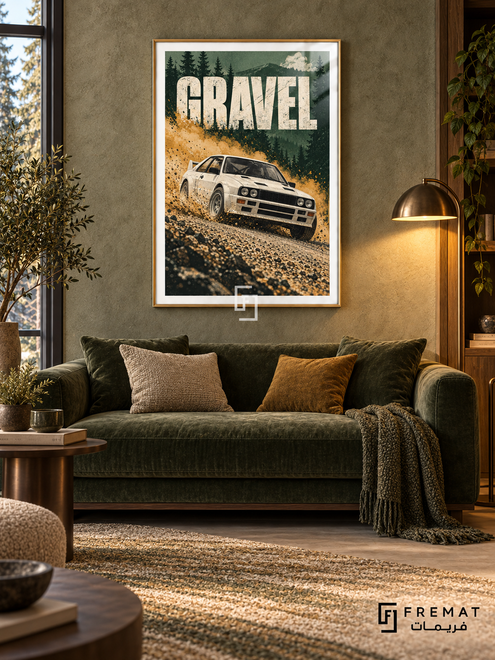 Gravel (car03), Gold frame with white printed border in a styled interior. A white rally car throws up ochre dust on a rocky road below dark evergreen trees and green mountains. Distressed cream lettering reads GRAVEL.