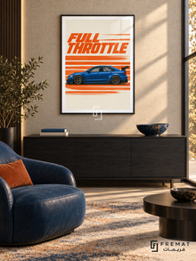Full Throttle (car04), Black frame with white printed border in a styled interior. A blue performance sedan appears in side profile across orange speed stripes on a warm cream background. Slanted orange lettering reads FULL THROTTLE.