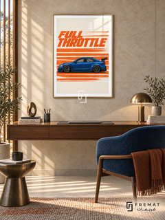 Full Throttle (car04), Gold frame with white printed border in a styled interior. A blue performance sedan appears in side profile across orange speed stripes on a warm cream background. Slanted orange lettering reads FULL THROTTLE.