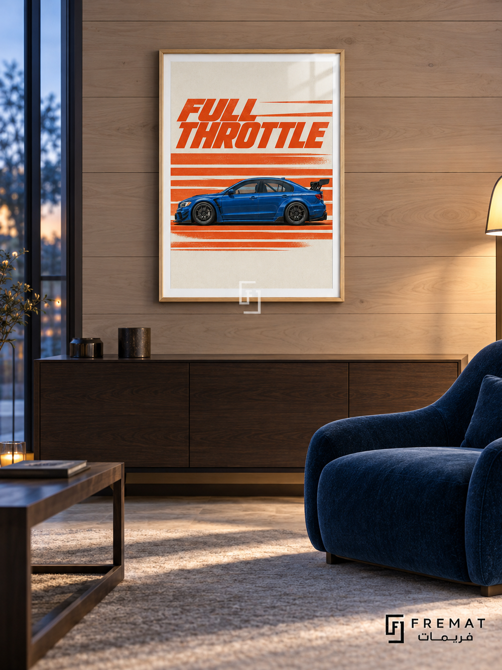 Full Throttle (car04), Wooden Texture frame with white printed border in a styled interior. A blue performance sedan appears in side profile across orange speed stripes on a warm cream background. Slanted orange lettering reads FULL THROTTLE.
