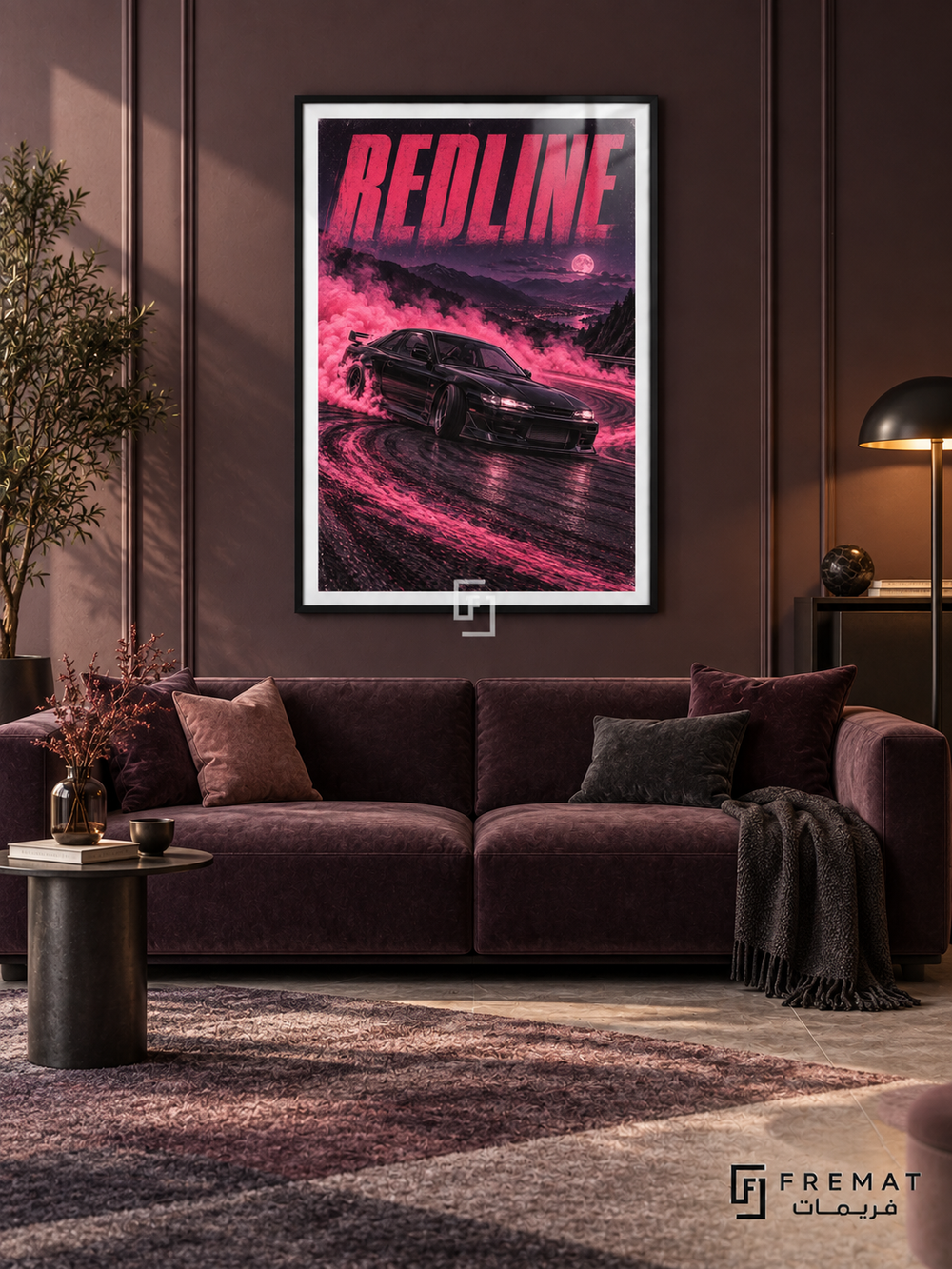 Redline (car05), Black frame with white printed border in a styled interior. A black sports coupe drifts through bright pink smoke along a reflective mountain road beneath a violet sky and pink moon. Bold pink lettering reads REDLINE.
