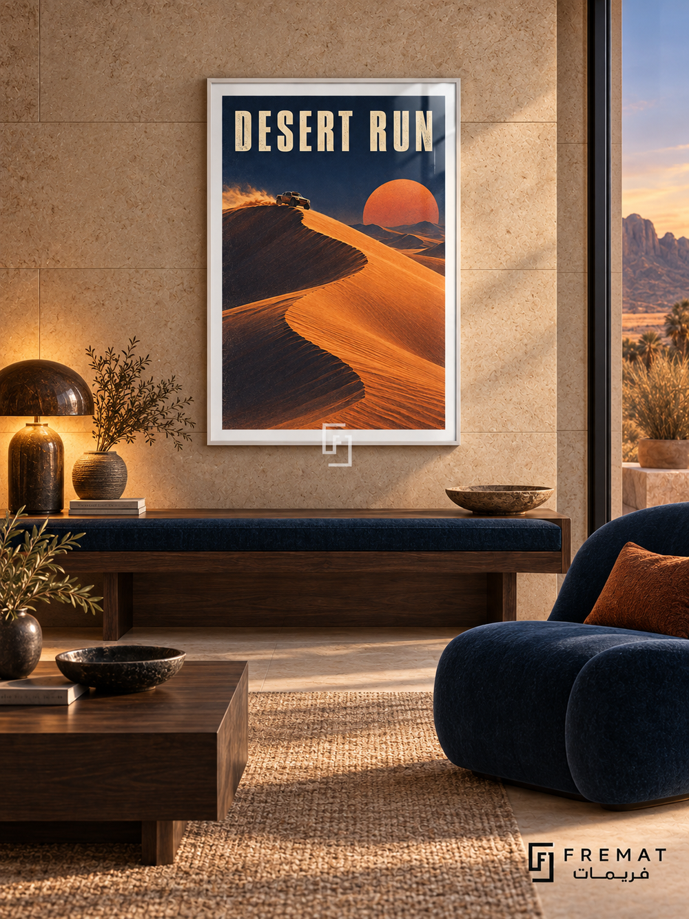 Desert Run (car06), White frame with white printed border in a styled interior. A small off-road vehicle crests an orange sand dune against a deep navy sky and a large orange sun. Tall cream lettering reads DESERT RUN.