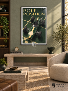 Pole Position (car07), Black frame with white printed border in a styled interior. A green vintage open-wheel racing car with a pale yellow center stripe is viewed from above on a green starting grid. Pale gold serif lettering reads POLE POSITION.
