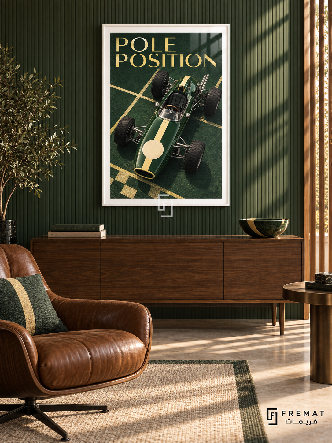 Pole Position (car07), White frame with white printed border in a styled interior. A green vintage open-wheel racing car with a pale yellow center stripe is viewed from above on a green starting grid. Pale gold serif lettering reads POLE POSITION.