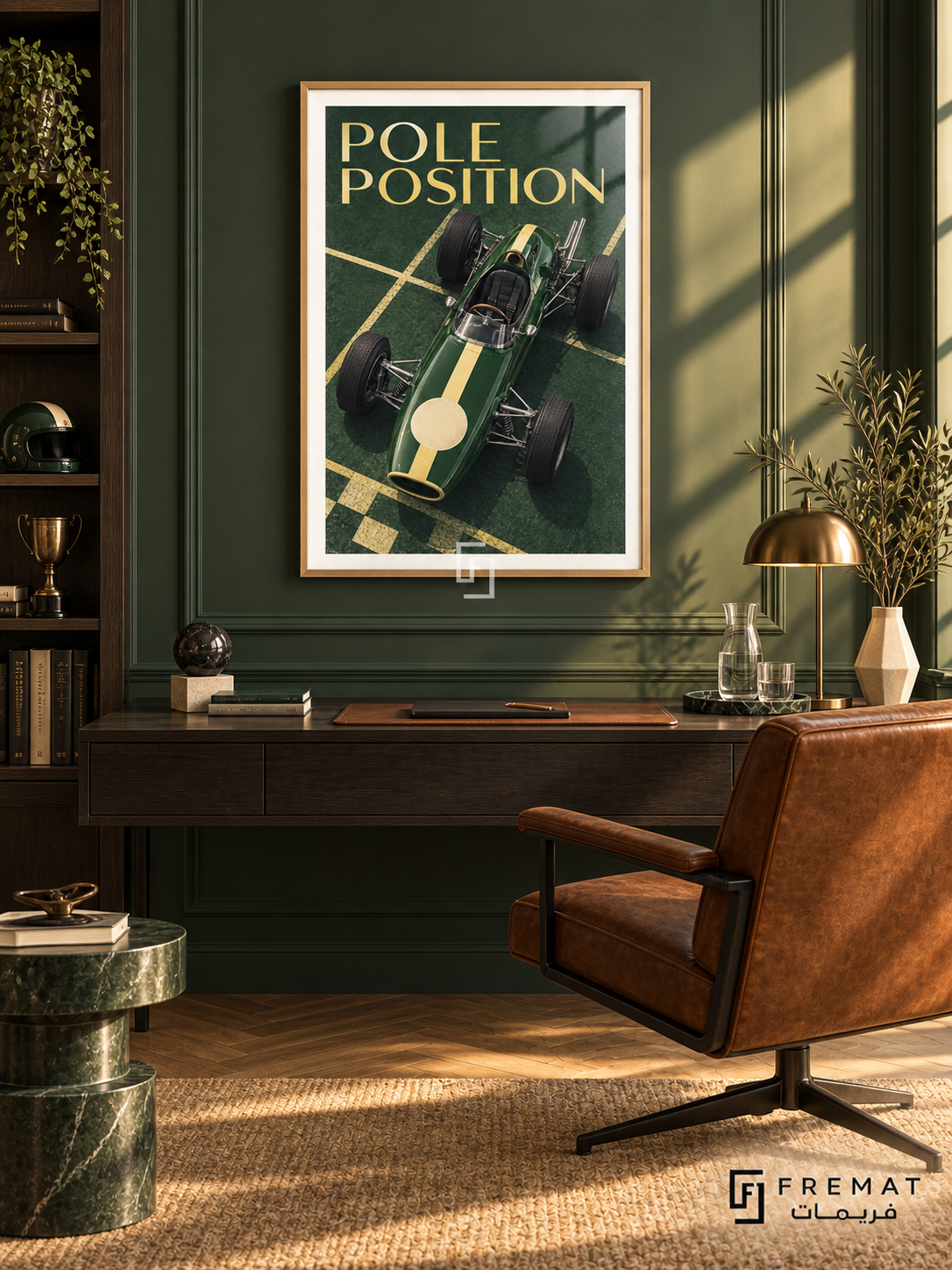 Pole Position (car07), Wooden Texture frame with white printed border in a styled interior. A green vintage open-wheel racing car with a pale yellow center stripe is viewed from above on a green starting grid. Pale gold serif lettering reads POLE POSITION.