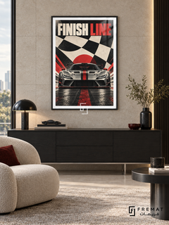 Finish Line (car08), Black frame with white printed border in a styled interior. A silver sports car with a red center stripe faces forward against oversized black-and-cream chequered flag shapes and a red sun. The heading reads FINISH LINE in cream and red.