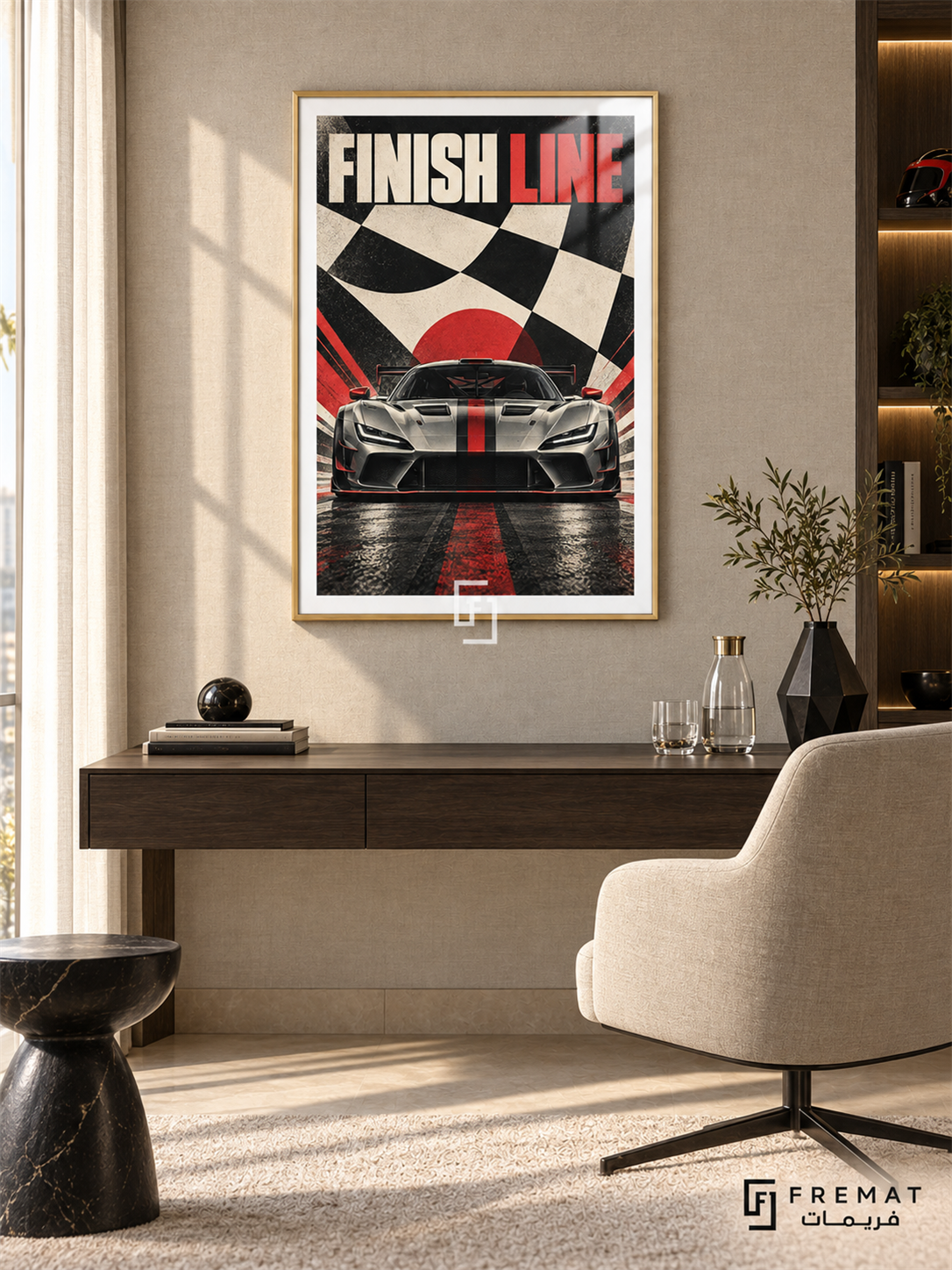 Finish Line (car08), Gold frame with white printed border in a styled interior. A silver sports car with a red center stripe faces forward against oversized black-and-cream chequered flag shapes and a red sun. The heading reads FINISH LINE in cream and red.