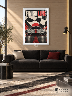 Finish Line (car08), White frame with white printed border in a styled interior. A silver sports car with a red center stripe faces forward against oversized black-and-cream chequered flag shapes and a red sun. The heading reads FINISH LINE in cream and red.