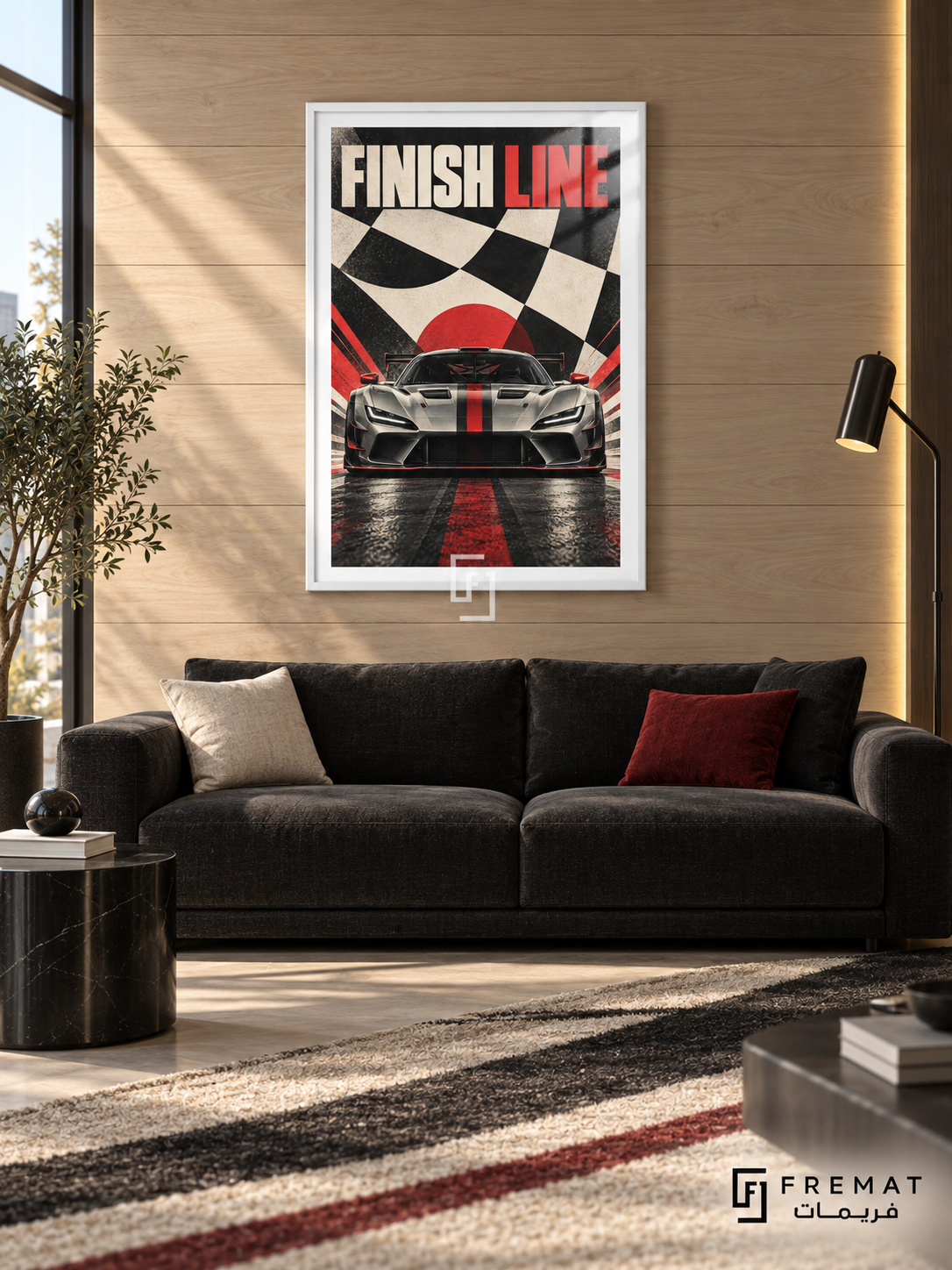 Finish Line (car08), White frame with white printed border in a styled interior. A silver sports car with a red center stripe faces forward against oversized black-and-cream chequered flag shapes and a red sun. The heading reads FINISH LINE in cream and red.