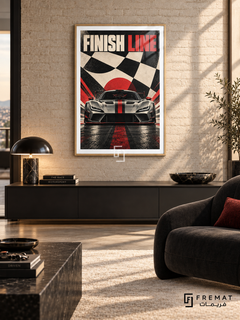 Finish Line (car08), Wooden Texture frame with white printed border in a styled interior. A silver sports car with a red center stripe faces forward against oversized black-and-cream chequered flag shapes and a red sun. The heading reads FINISH LINE in cream and red.