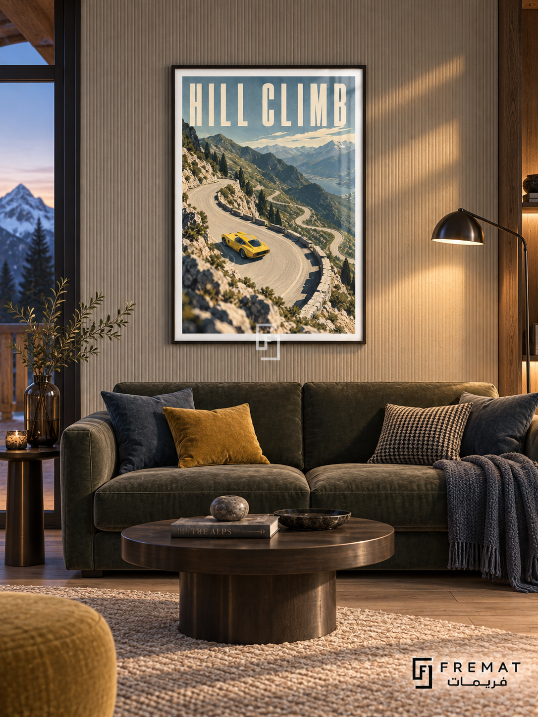 Hill Climb (car09), Black frame with white printed border in a styled interior. A yellow sports car rounds a pale winding mountain road above a blue lake, rocky slopes and evergreen trees. Tall cream lettering reads HILL CLIMB.