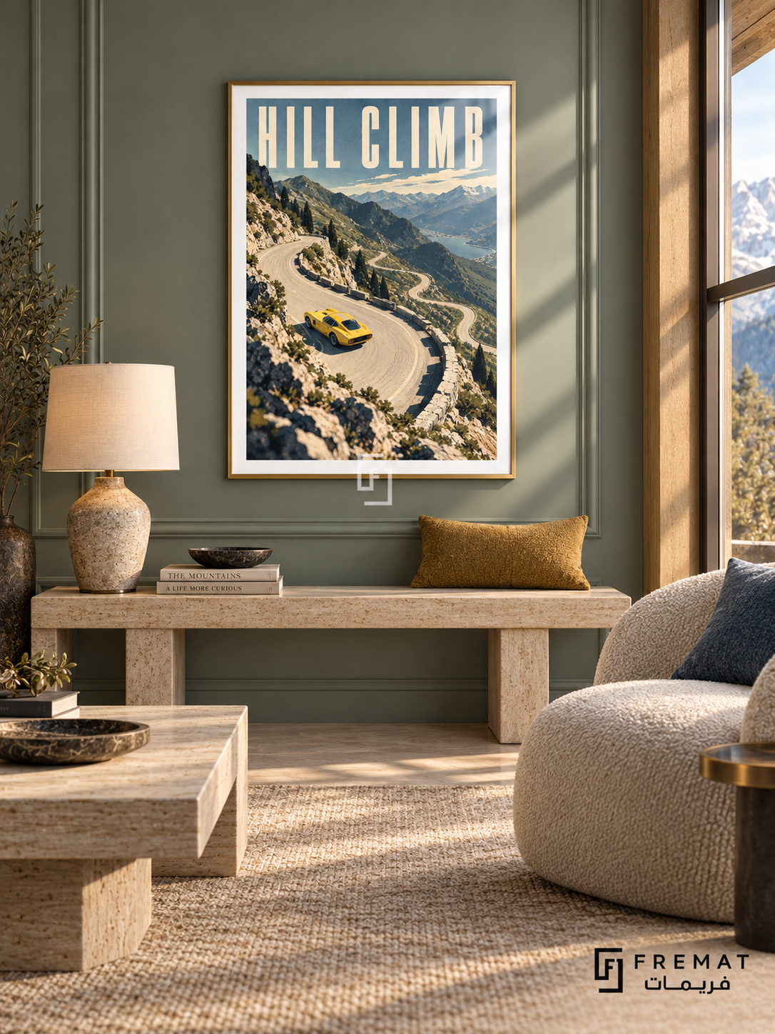 Hill Climb (car09), Gold frame with white printed border in a styled interior. A yellow sports car rounds a pale winding mountain road above a blue lake, rocky slopes and evergreen trees. Tall cream lettering reads HILL CLIMB.