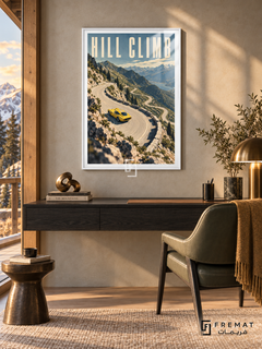 Hill Climb (car09), White frame with white printed border in a styled interior. A yellow sports car rounds a pale winding mountain road above a blue lake, rocky slopes and evergreen trees. Tall cream lettering reads HILL CLIMB.
