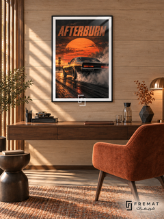 Afterburn (car10), Black frame with white printed border in a styled interior. A dark muscle car is shown from the rear in drifting tyre smoke on a reflective drag strip. An oversized orange sunset and orange AFTERBURN lettering fill the sky.