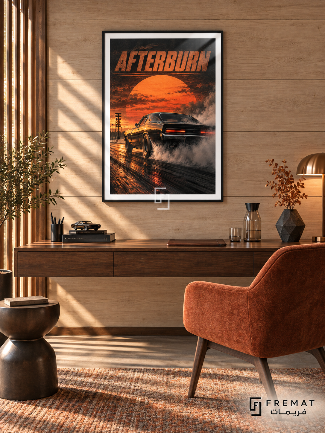 Afterburn (car10), Black frame with white printed border in a styled interior. A dark muscle car is shown from the rear in drifting tyre smoke on a reflective drag strip. An oversized orange sunset and orange AFTERBURN lettering fill the sky.