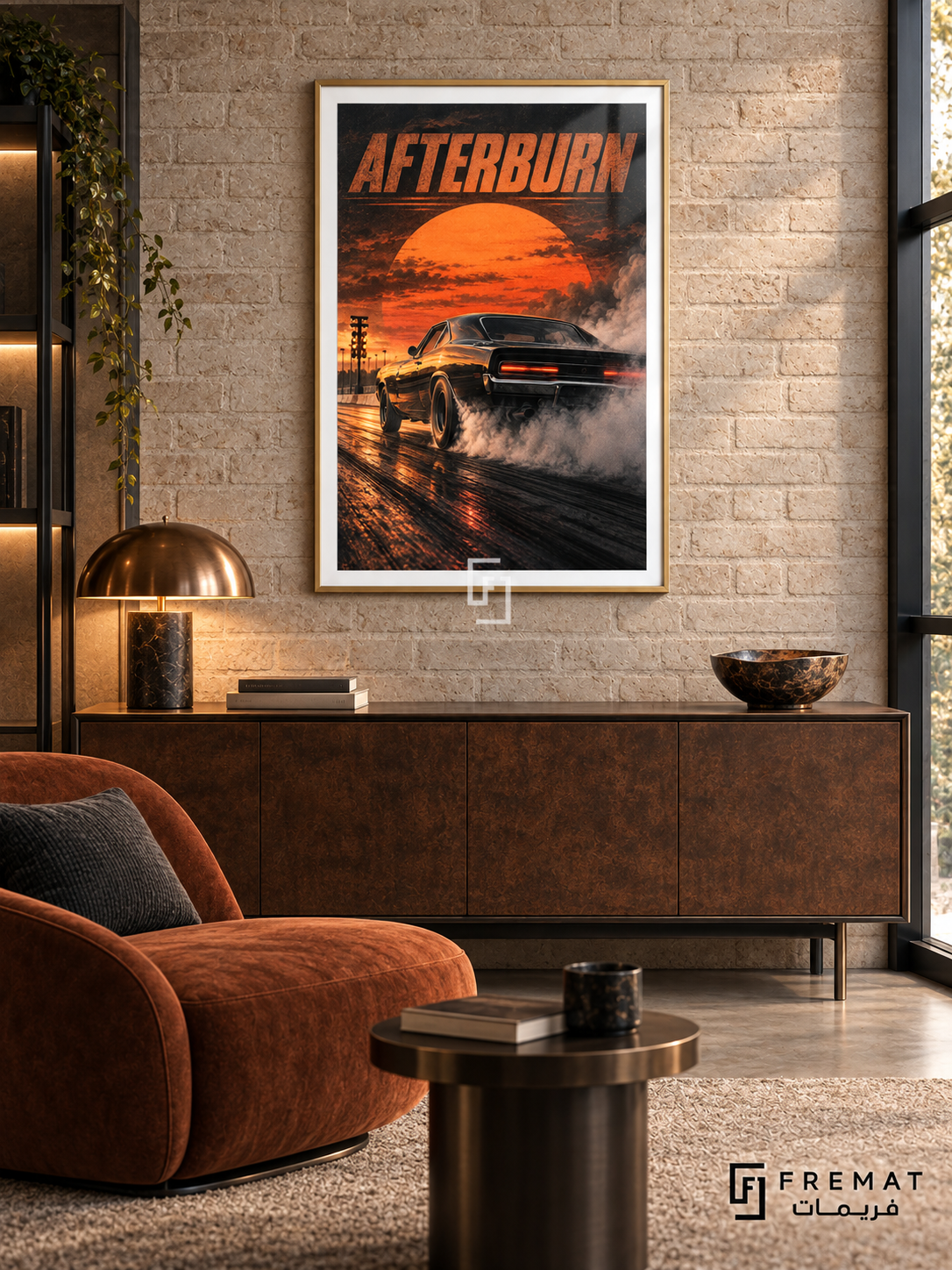 Afterburn (car10), Gold frame with white printed border in a styled interior. A dark muscle car is shown from the rear in drifting tyre smoke on a reflective drag strip. An oversized orange sunset and orange AFTERBURN lettering fill the sky.