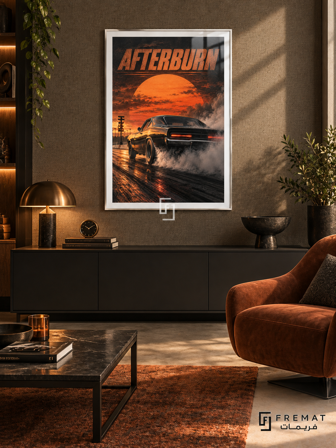 Afterburn (car10), White frame with white printed border in a styled interior. A dark muscle car is shown from the rear in drifting tyre smoke on a reflective drag strip. An oversized orange sunset and orange AFTERBURN lettering fill the sky.