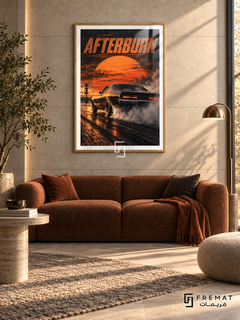 Afterburn (car10), Wooden Texture frame with white printed border in a styled interior. A dark muscle car is shown from the rear in drifting tyre smoke on a reflective drag strip. An oversized orange sunset and orange AFTERBURN lettering fill the sky.
