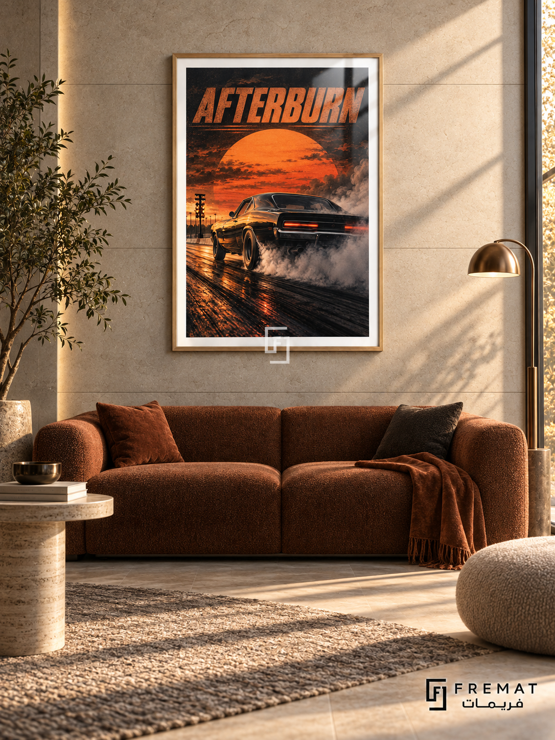 Afterburn (car10), Wooden Texture frame with white printed border in a styled interior. A dark muscle car is shown from the rear in drifting tyre smoke on a reflective drag strip. An oversized orange sunset and orange AFTERBURN lettering fill the sky.